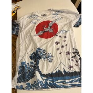 Fresh Laundry Graphic T Shirt White Crane Wave Print Short Sleeve Top Mens Large